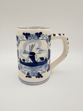 Delft Blue Holland Hand Painted Windmill Floral Mug Stein 5” Decor